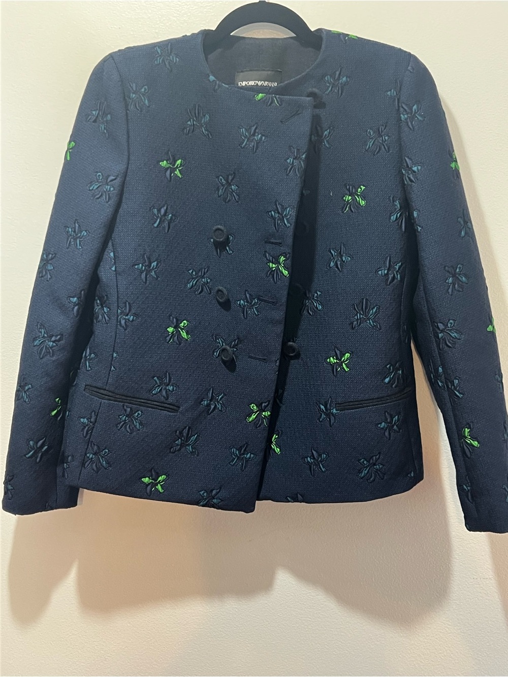 Emporio Armani Navy Jacket with Green Embroidered Motifs